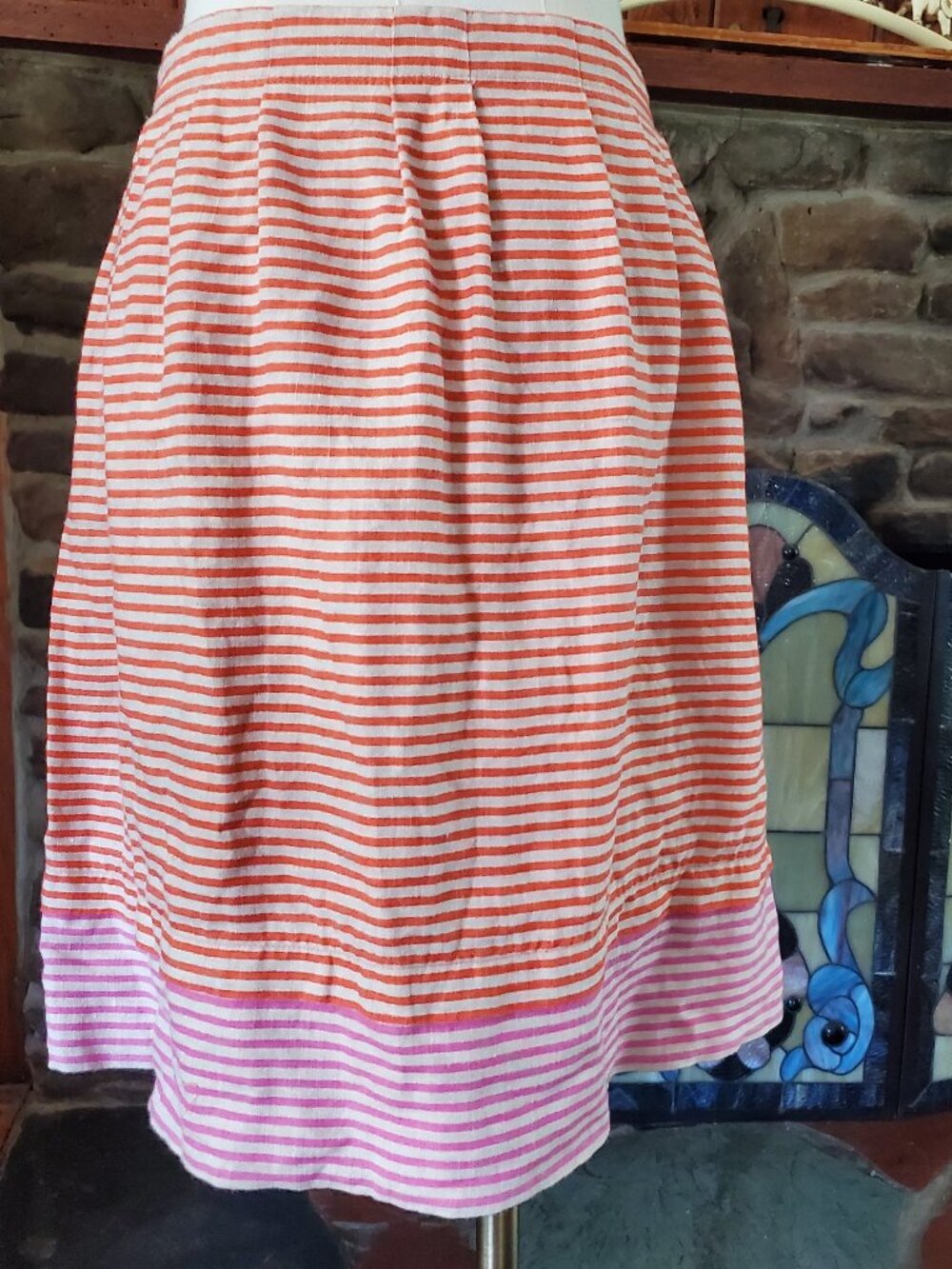 LOFT 100% Linen Skirt Striped Orange Pink Border Pleated Pockets Quality Large